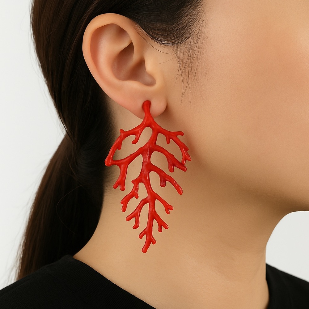 Red Coral Branch Earrings - Picture 6 of 8